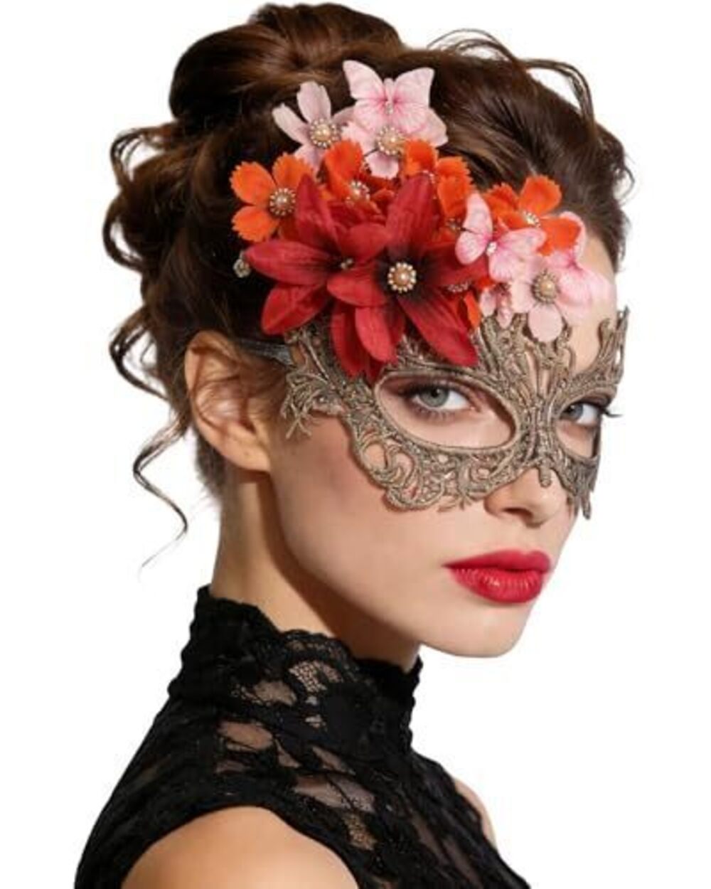 5979 Vintage Flower Masquerade Mask - 1920s 50s Gold Orange Butterfly Lace